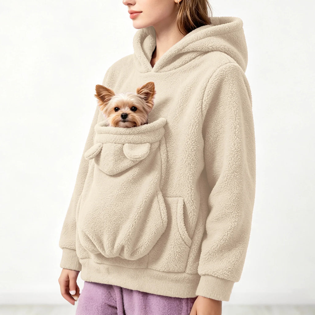 Sweat-shirt à capuche en polaire pour femmes, pull avec poche pour animaux de compagnie, couleur unie, drôle, avec poche kangourou, sac de transport portable pour animaux de compagnie, automne-hiver