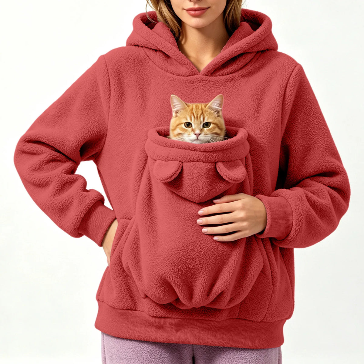 Sweat-shirt à capuche en polaire pour femmes, pull avec poche pour animaux de compagnie, couleur unie, drôle, avec poche kangourou, sac de transport portable pour animaux de compagnie, automne-hiver