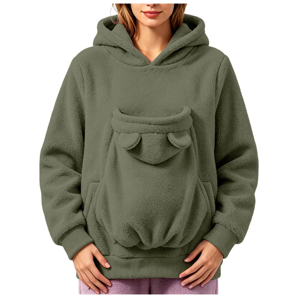 Sweat-shirt à capuche en polaire pour femmes, pull avec poche pour animaux de compagnie, couleur unie, drôle, avec poche kangourou, sac de transport portable pour animaux de compagnie, automne-hiver