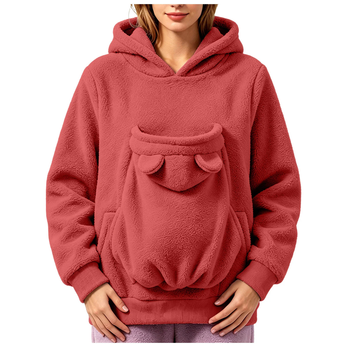 Sweat-shirt à capuche en polaire pour femmes, pull avec poche pour animaux de compagnie, couleur unie, drôle, avec poche kangourou, sac de transport portable pour animaux de compagnie, automne-hiver
