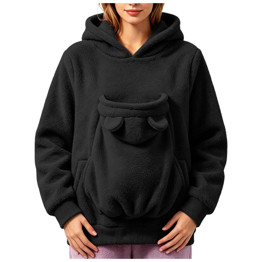 Sweat-shirt à capuche en polaire pour femmes, pull avec poche pour animaux de compagnie, couleur unie, drôle, avec poche kangourou, sac de transport portable pour animaux de compagnie, automne-hiver