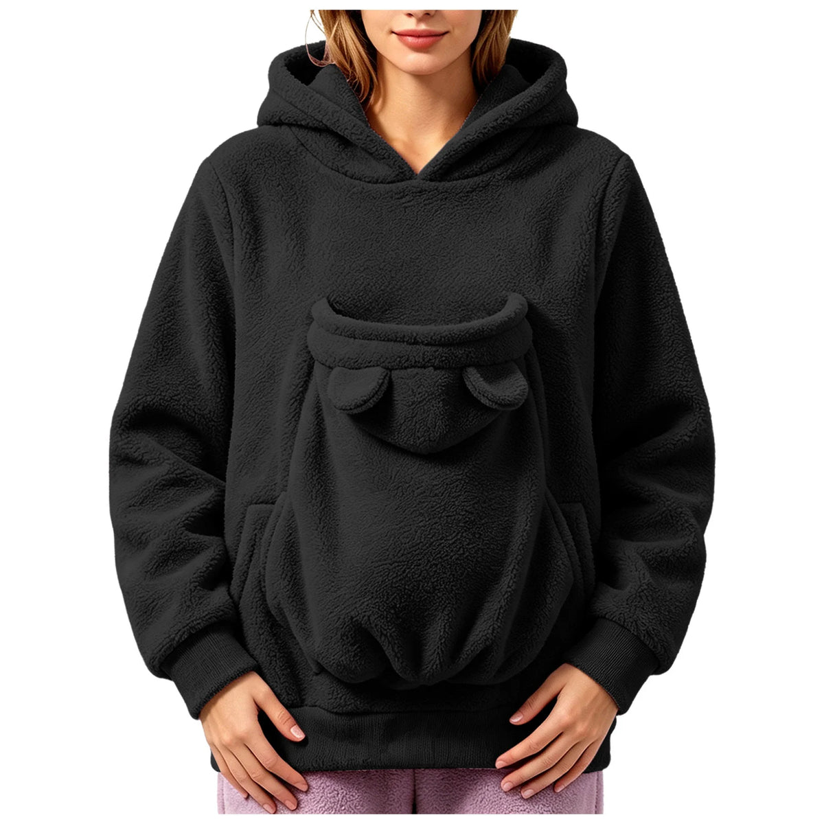 Sweat-shirt à capuche en polaire pour femmes, pull avec poche pour animaux de compagnie, couleur unie, drôle, avec poche kangourou, sac de transport portable pour animaux de compagnie, automne-hiver