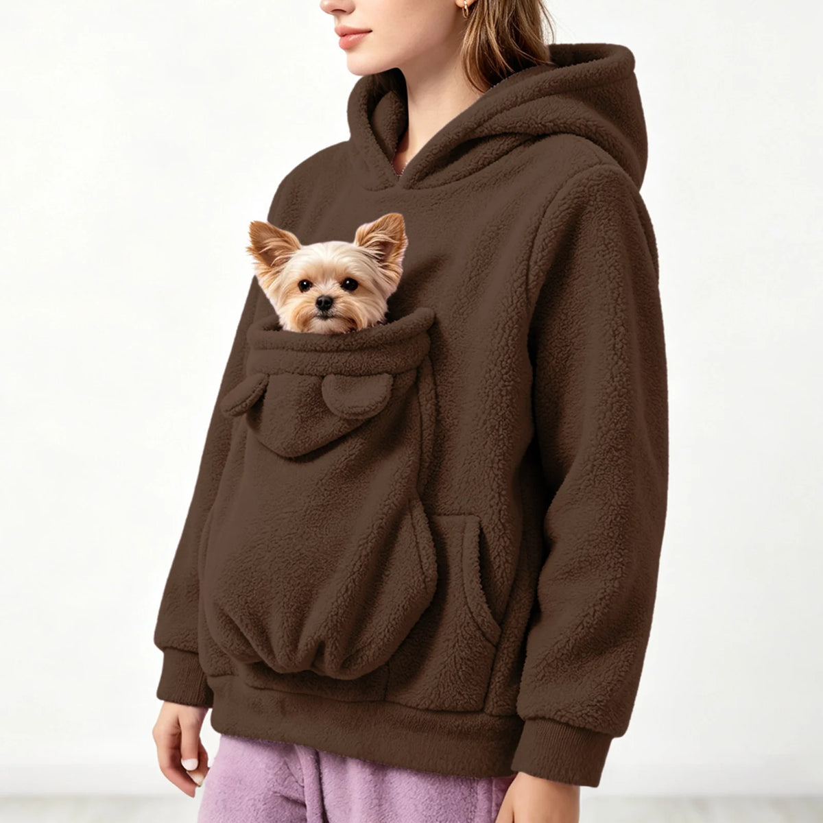 Sweat-shirt à capuche en polaire pour femmes, pull avec poche pour animaux de compagnie, couleur unie, drôle, avec poche kangourou, sac de transport portable pour animaux de compagnie, automne-hiver