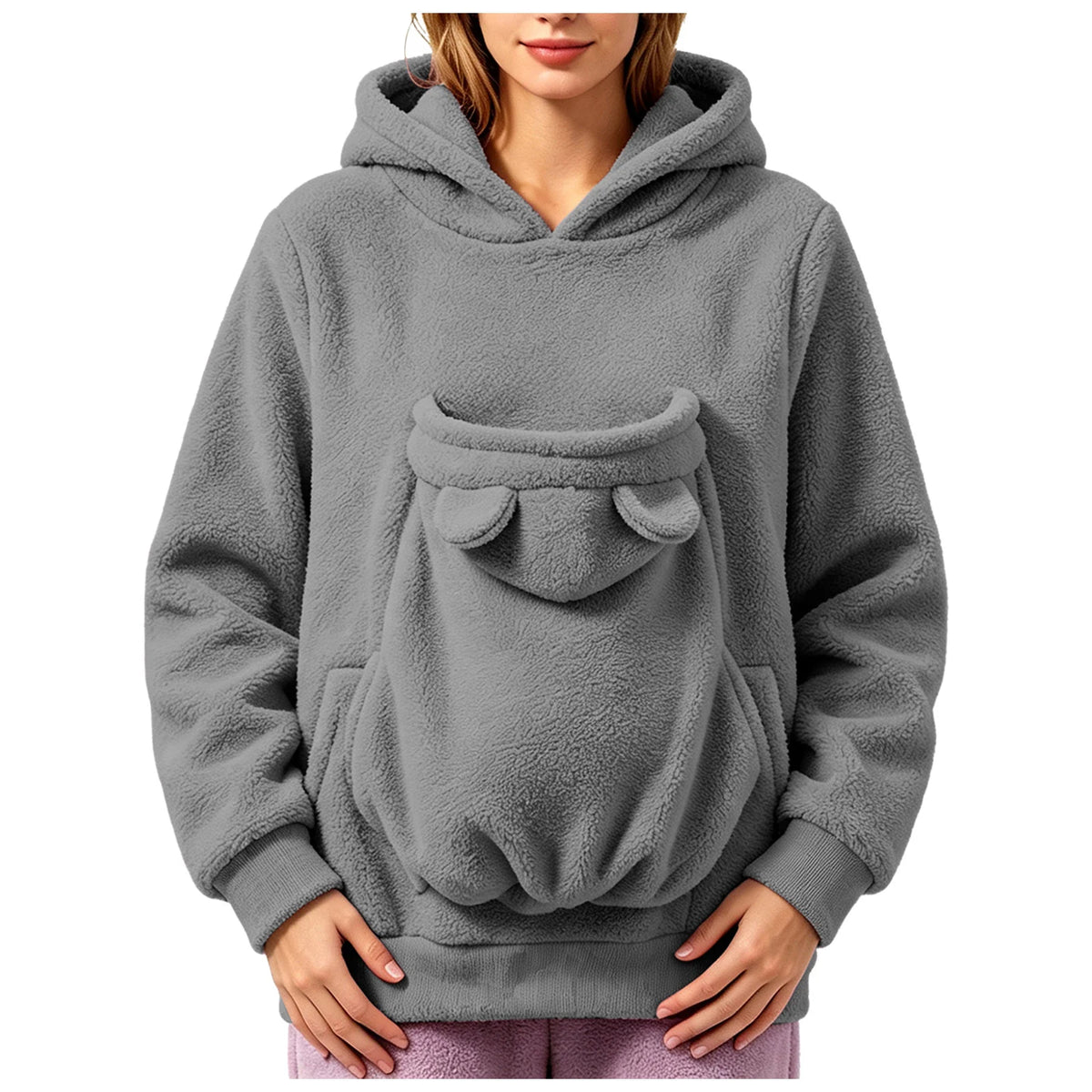 Sweat-shirt à capuche en polaire pour femmes, pull avec poche pour animaux de compagnie, couleur unie, drôle, avec poche kangourou, sac de transport portable pour animaux de compagnie, automne-hiver