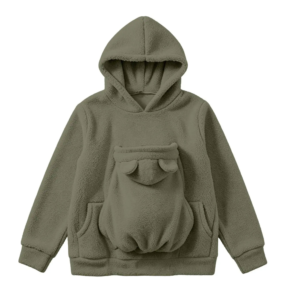 Sweat-shirt à capuche en polaire pour femmes, pull avec poche pour animaux de compagnie, couleur unie, drôle, avec poche kangourou, sac de transport portable pour animaux de compagnie, automne-hiver