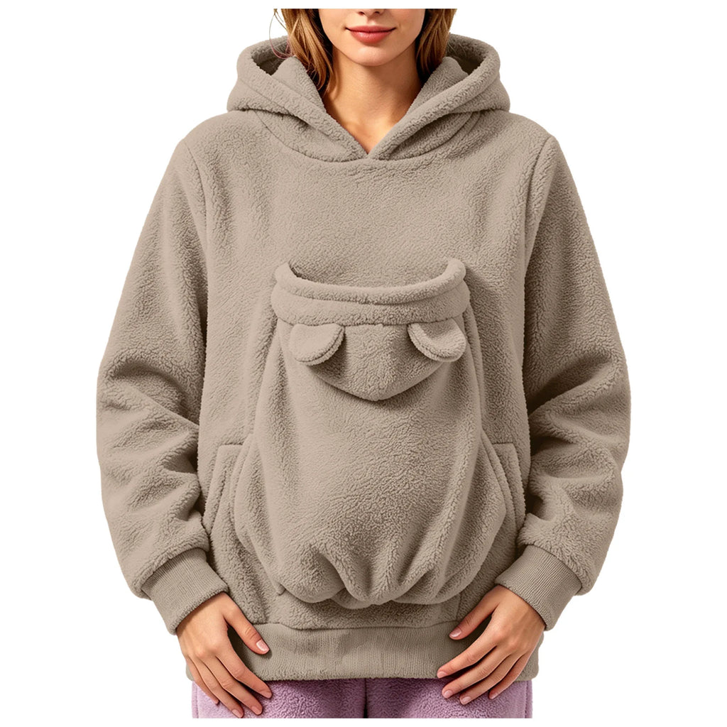Sweat-shirt à capuche en polaire pour femmes, pull avec poche pour animaux de compagnie, couleur unie, drôle, avec poche kangourou, sac de transport portable pour animaux de compagnie, automne-hiver