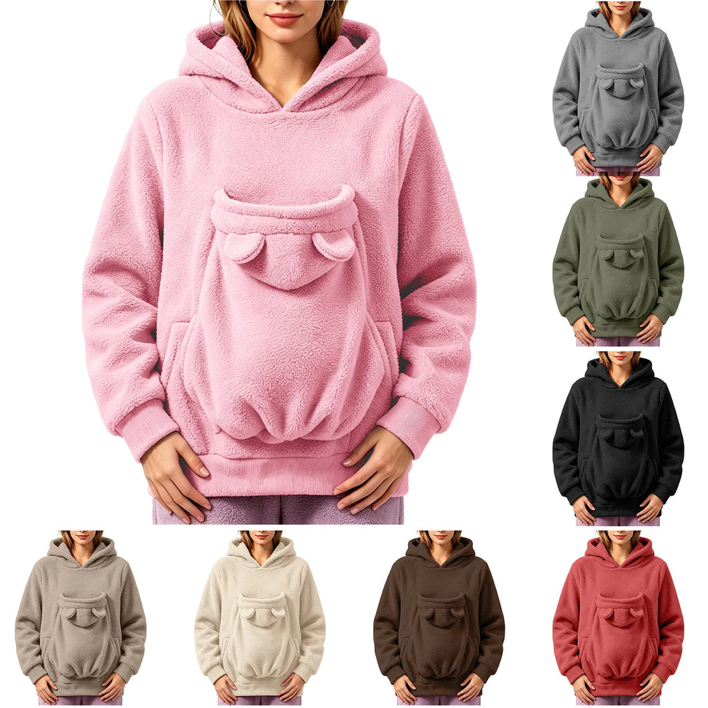 Sweat-shirt à capuche en polaire pour femmes, pull avec poche pour animaux de compagnie, couleur unie, drôle, avec poche kangourou, sac de transport portable pour animaux de compagnie, automne-hiver