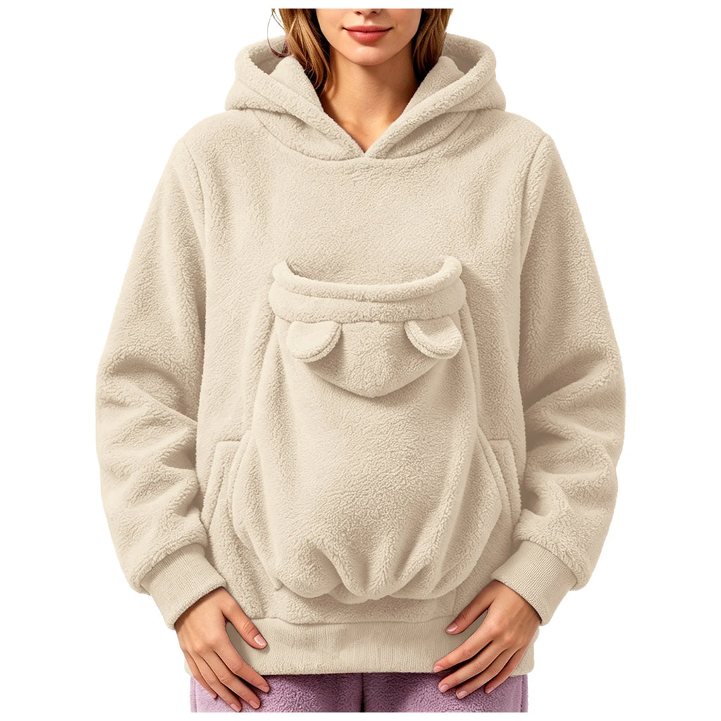 Sweat-shirt à capuche en polaire pour femmes, pull avec poche pour animaux de compagnie, couleur unie, drôle, avec poche kangourou, sac de transport portable pour animaux de compagnie, automne-hiver