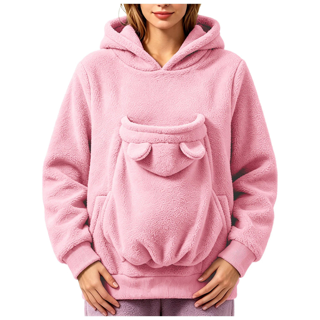 Sweat-shirt à capuche en polaire pour femmes, pull avec poche pour animaux de compagnie, couleur unie, drôle, avec poche kangourou, sac de transport portable pour animaux de compagnie, automne-hiver