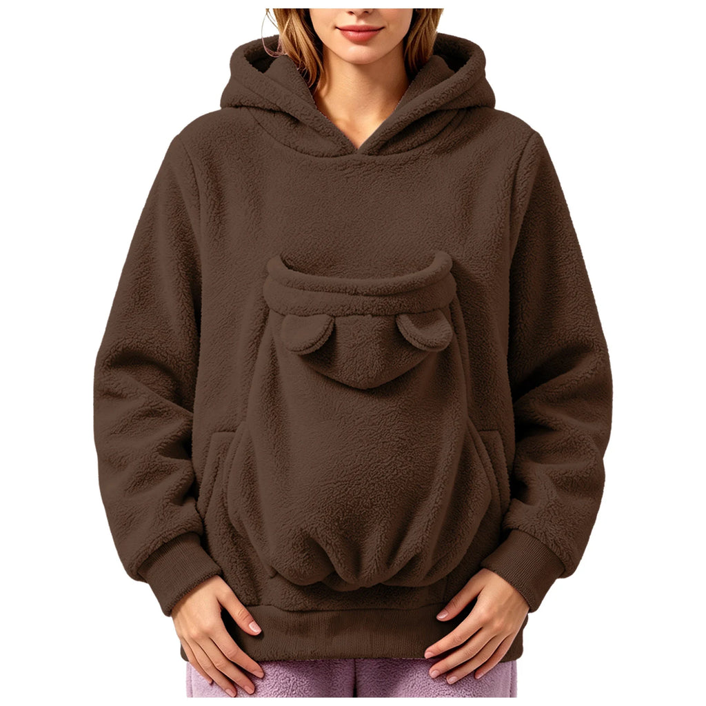 Sweat-shirt à capuche en polaire pour femmes, pull avec poche pour animaux de compagnie, couleur unie, drôle, avec poche kangourou, sac de transport portable pour animaux de compagnie, automne-hiver