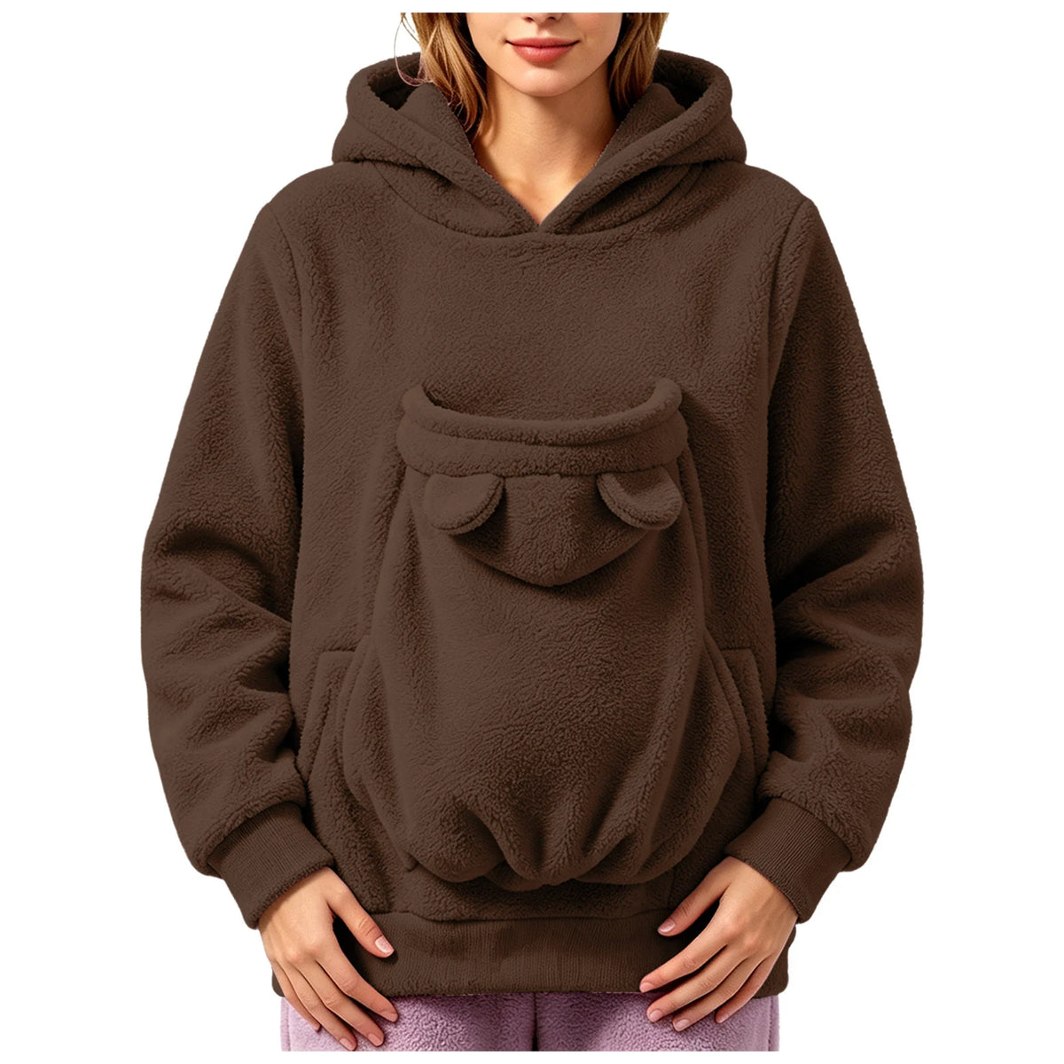 Sweat-shirt à capuche en polaire pour femmes, pull avec poche pour animaux de compagnie, couleur unie, drôle, avec poche kangourou, sac de transport portable pour animaux de compagnie, automne-hiver
